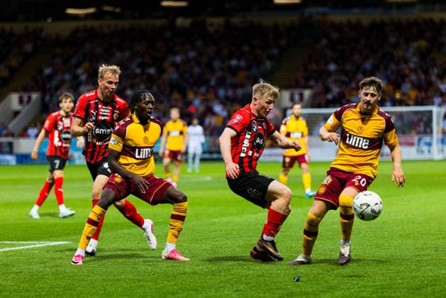 Motherwell v HB Torshavn, Europa Conference League, 2nd Qualifying Round Emmanuel Longelo (45 - Motherwell) and Dylan Williams (20 - Motherwell) battle for control of the ball during the Europa Conference League 2nd Qualifying Round, 1st Leg match between Motherwell and HB Torshavn at Fir Park, Motherwell, UK on 23 July 2026. Editorial use only , Copyright: xRaymondxDaviesx PSI-24571-0018
