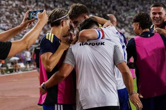 UEFA Europa League Qualifikation 2026 2027 - 2. Runde, 23.07.2027 - HNK Hajduk Split (Kroatien) vs. Pafos FC (Zypern) - Stadion Poljud (Split, Kroatien); Hajduk bejubelt das 2-0 durch Dario Melnjak (Hajduk Split) *** UEFA Europa League Qualifying Round 2, 2026–2027, July 23, 2027: HNK Hajduk Split (Croatia) vs. Pafos FC (Cyprus) at Poljud Stadium, Split, Croatia. Hajduk celebrates the 2–0 goal scored by Dario Melnjak. Hajduk Split Copyright: xLUKAxKOLANOVICx