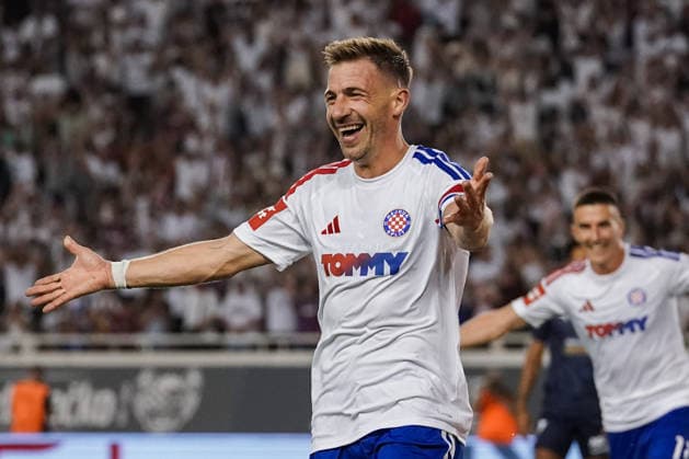 UEFA Europa League Qualifikation 2026 2027 - 2. Runde, 23.07.2027 - HNK Hajduk Split (Kroatien) vs. Pafos FC (Zypern) - Stadion Poljud (Split, Kroatien); Dario Melnjak (Hajduk Split) bejubelt sein 2-0 *** UEFA Europa League Qualifying Round 2, 2026–2027, July 23, 2027: HNK Hajduk Split (Croatia) vs. Pafos FC (Cyprus) at Poljud Stadium, Split, Croatia. Dario Melnjak of Hajduk Split celebrates his 2–0 goal. Copyright: xLUKAxKOLANOVICx