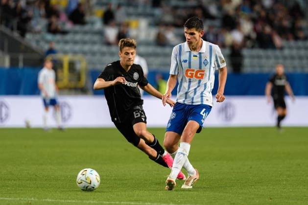 Lublin 23.07.2026. Football UEFA Europa League Qualifiers match, second qualifying round 1st leg, between FC Dynamo Kyiv and PAOK FC in Lublin, Poland --- Mecz Ligi Europy UEFA - 2. runda kwalifikacji pomiedzy Dynamo Kijow a PAOK FC w Lublinie, Polska. Persons Shown : Giannis Konstantelias, Kristian Bilovar Fot. Kazimierz Kozuch Arena Akcji NEWSPIX.PL --- newspix.pl 