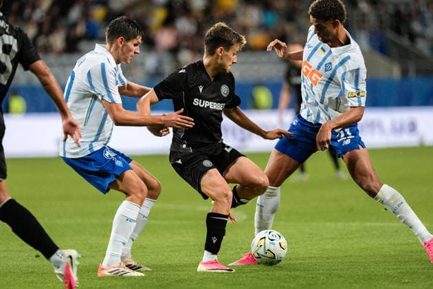 Lublin 23.07.2026. Football UEFA Europa League Qualifiers match, second qualifying round 1st leg, between FC Dynamo Kyiv and PAOK FC in Lublin, Poland --- Mecz Ligi Europy UEFA - 2. runda kwalifikacji pomiedzy Dynamo Kijow a PAOK FC w Lublinie, Polska. Persons Shown : Kristian Bilovar, Jonjoe Kenny, Justin Lonwijk Fot. Kazimierz Kozuch Arena Akcji NEWSPIX.PL --- newspix.pl 