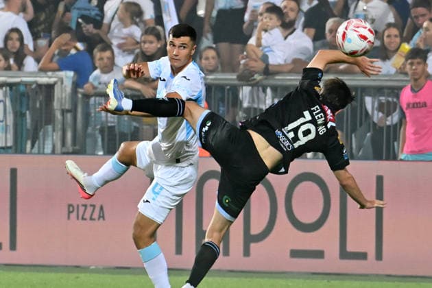 RIJEKA, CROATIA - JULY 23: Niko Jankovic of Rijeka (L) in action against Brandon Fleming of Derry City (R) during the UEFA Conference League QR-2 first match between Rijeka (CRO) and Derry City (IRL) at Stadium Rujevica, Rijeka on July 23, 2026 in Rijeka, Croatia. (Photo by Igor Kupljenik Sports Press Photo).  Copyright: xIgorxKupljenikx xSPPx Sportspressphoto_SPR195242