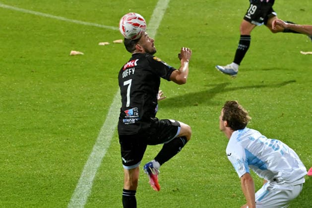 RIJEKA, CROATIA - JULY 23: Michael Duffy of Derry City during the UEFA Conference League QR-2 first match between Rijeka (CRO) and Derry City (IRL) at Stadium Rujevica, Rijeka on July 23, 2026 in Rijeka, Croatia. (Photo by Igor Kupljenik Sports Press Photo).  Copyright: xIgorxKupljenikx xSPPx Sportspressphoto_SPR195248