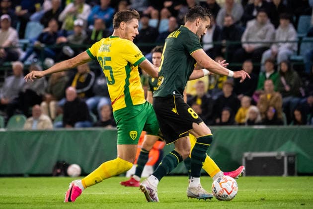 Marko Roginic and Borja Galan seen during UEFA Conference League qualifying game between teams of MSK Zilina and GKS Katowice (Matej Sagan Ball Raw Images) Zilina MSK Zilina Stadium Slovakia Copyright: xMatejxSaganx DSC08059