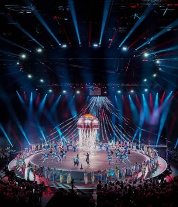 A giant Tunnock s Teacake rises above the stage at the climax of the opening ceremony. Glasgow 2026 Commonwealth Games, Day One, Glasgow, Scotland, UK - 23 Jul 2026Glasgow Scotland United Kingdom  Copyright: xStuartxWallace Shutterstockx 17002357aj