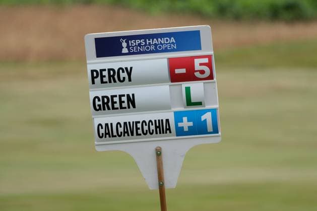 UK: The ISPS HANDA Senior Open Championship at King‚Äôs Course, Gleneagles, Scotland on 23 July 2026: Pictured: A scoreboard carried by a volunteer shows Cameron Percy (AUS) in the lead during the first round of the ISPS Handa Senior Open Championship 2026 Gleneagles King‚Äôs Course Scotland Scotland Copyright: xAlexxToddx
