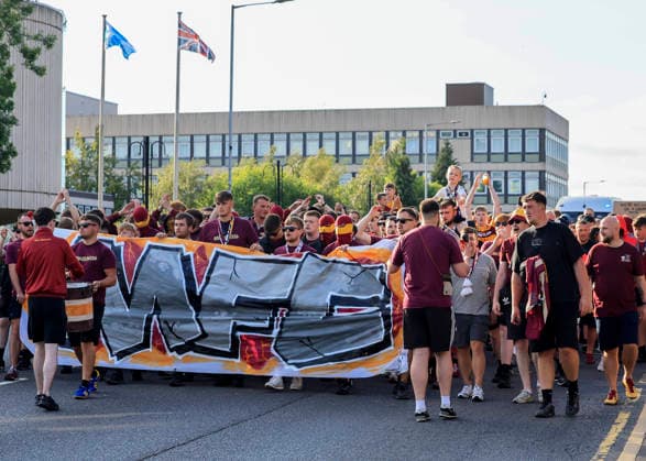 Motherwell v Havnar B—ltfelag UEFA Europa Conference League Motherwell supporters fan march to the stadium during the UEFA Europa Conference League Second Qualifying Round First Leg match at Fir Park, Motherwell 23 07 2026 UK Newspapers OUT Copyright: xFredxPalmerx FIL-23665-0167