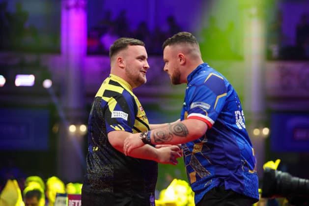 RECORD DATE NOT STATED 23rd July 2026, Winter Gardens, Blackpool, Lancashire, England; 2026 Betfred World Matchplay Darts, Day Six; Luke Littler and Josh Rock ahead of their game AidanxHunter