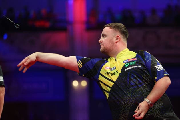 RECORD DATE NOT STATED 23rd July 2026, Winter Gardens, Blackpool, Lancashire, England; 2026 Betfred World Matchplay Darts, Day Six; Luke Littler in action at the oche during his game against Josh Rock AidanxHunter