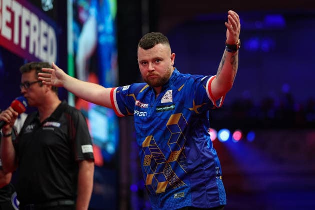 RECORD DATE NOT STATED 23rd July 2026, Winter Gardens, Blackpool, Lancashire, England; 2026 Betfred World Matchplay Darts, Day Six; Josh Rock reacts during his game against Luke Littler AidanxHunter