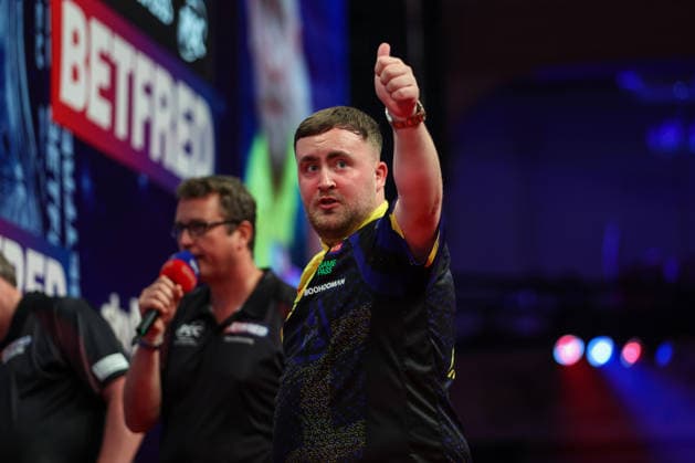 RECORD DATE NOT STATED 23rd July 2026, Winter Gardens, Blackpool, Lancashire, England; 2026 Betfred World Matchplay Darts, Day Six; Luke Littler puts his thumb up after winning his game against Josh Rock AidanxHunter