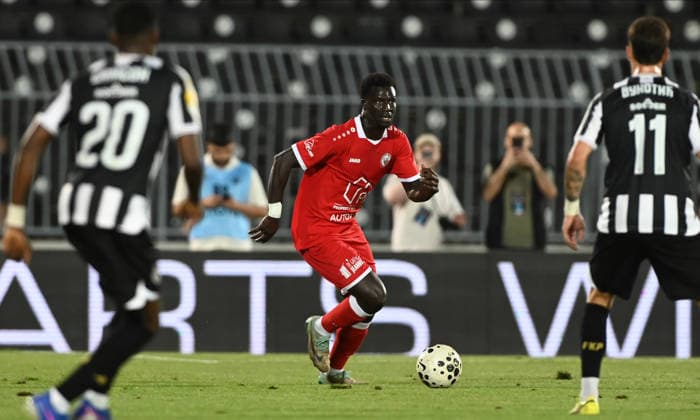 PARTIZAN vs UNA STRASSEN GALAYE GUEYE, football player of Una Strassen Luxemburg, during the match against Partizan, at Stadium FK Partizan. Belgrade, 23.07.2026. Nebojsa Parausic MN Press photo FOOTBALL, UEFA CONFERENCE LEAGUE, PARTIZAN, UNA STRASSEN LUXEMBURG Belgrade Stadium FK Partizan Serbia Copyright: xNebojsaxParausicx xMNxPressx