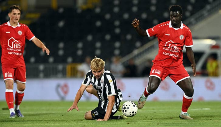 PARTIZAN vs UNA STRASSEN GALAYE GUEYE, football player of Una Strassen Luxemburg, during the match against Partizan, and ALEKS ZEKOVIC, at Stadium FK Partizan. Belgrade, 23.07.2026. Nebojsa Parausic MN Press photo FOOTBALL, UEFA CONFERENCE LEAGUE, PARTIZAN, UNA STRASSEN LUXEMBURG Belgrade Stadium FK Partizan Serbia Copyright: xNebojsaxParausicx xMNxPressx