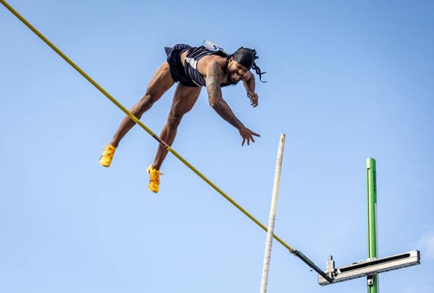 Deutsche Leichtathletik-Meisterschaften Stabhochsprung Männer; Hannover, 23.07.2026 Bo Kanda Lita Baehre (Düsseldorf Athletics) im Stabhochsprung; Deutsche Leichtathletik-Meisterschaften Stabhochsprung Männer am 23.07.2026 auf dem Opernplatz in Hannover (Niedersachsen). *** German Track and Field Championships—Men s Pole Vault, Hanover, July 23, 2026 Bo Kanda Lita Baehre Düsseldorf Athletics in the pole vault at the German Track and Field Championships—Men’s Pole Vault on July 23, 2026, at Opernplatz in Hanover, Lower Saxony Copyright: xBEAUTIFULxSPORTS R.xSchmittx