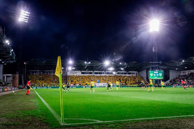 ZILINA - KATOWICE Fans of Katowice during the first leg of second qualifying round of UEFA Conference league football match between MSK Zilina and GKS Katowice at the Stadion Pod Dubnom. Zilina, Slovakia, July 23, 2026. Photo by Branislav Racko Copyright: xx _BRR6741
