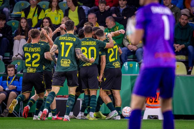 ZILINA - KATOWICE Lukas Klemenz of Katowice celebrates a goal with Bartosz Nowak, Borja Galan, Sebastian Milewski, Alan Czerwinski during the first leg of second qualifying round of UEFA Conference league football match between MSK Zilina and GKS Katowice at the Stadion Pod Dubnom. Zilina, Slovakia, July 23, 2026. Photo by Branislav Racko Copyright: xx 080A4068