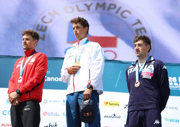 July 23, 2026, Oklahoma City, Oklahoma, USA: MICHAL PASIUT of Poland silver medalist, JAKUB KREJCI of Czech Republic gold medalist, GIOVANNI DE GENNARO of Italy bronze medalist of Men s Kayak on 2026 ICF Canoe Slalom World Championships, Oklahoma City, USA. ICF Canoe Slalom World Championships 2026 - Michal Pasiut, Jakub Krejci, Giovanni De Gennaro  - ZUMAc278 20260723_zsp_c278_031 Copyright: xMarcinxCholewinskix