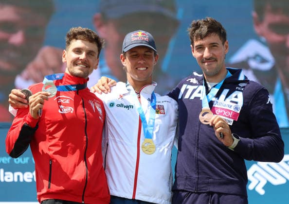 July 23, 2026, Oklahoma City, Oklahoma, USA: MICHAL PASIUT of Poland silver medalist, JAKUB KREJCI of Czech Republic gold medalist, GIOVANNI DE GENNARO of Italy bronze medalist of Men s Kayak on 2026 ICF Canoe Slalom World Championships, Oklahoma City, USA. ICF Canoe Slalom World Championships 2026 - Michal Pasiut, Jakub Krejci, Giovanni De Gennaro  - ZUMAc278 20260723_zsp_c278_032 Copyright: xMarcinxCholewinskix