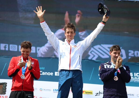 July 23, 2026, Oklahoma City, Oklahoma, USA: MICHAL PASIUT of Poland silver medalist, JAKUB KREJCI of Czech Republic gold medalist, GIOVANNI DE GENNARO of Italy bronze medalist of Men s Kayak on 2026 ICF Canoe Slalom World Championships, Oklahoma City, USA. ICF Canoe Slalom World Championships 2026 - Michal Pasiut, Jakub Krejci, Giovanni De Gennaro  - ZUMAc278 20260723_zsp_c278_034 Copyright: xMarcinxCholewinskix