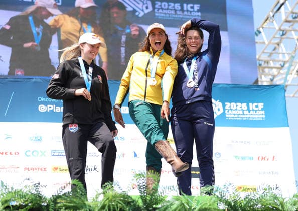 July 23, 2026, Oklahoma City, Oklahoma, USA: EVY LEIBFARTH of USA, JESSICA FOX of Australia, KIMBERLEY WOODS of Great Britain medalist of Women s Kayak on 2026 ICF Canoe Slalom World Championships, Oklahoma City, USA. ICF Canoe Slalom World Championships 2026 - Evy Leibfarth, Jessica Fox, Kimberley Woods  - ZUMAc278 20260723_zsp_c278_035 Copyright: xMarcinxCholewinskix