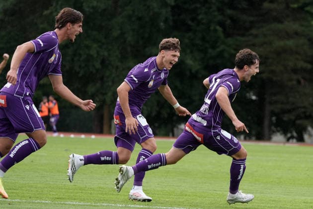 July 23, 2026, Riga, Latvia: Florian Wustinger of FK Austria Wien celebrate with teammates his first goal during the UEFA Europa Conference League qualifying round game between LatviaÃ¢â‚¬â ¢s FK Liepaja and Austria Wien in Sloka, Latvia 23.07.2026. Photo: Roman Koksarov Soccer 2026: Liepaja Vs Austria  - ZUMAk209 20260723_zsp_k209_006 Copyright: xRomansxKoksarovx