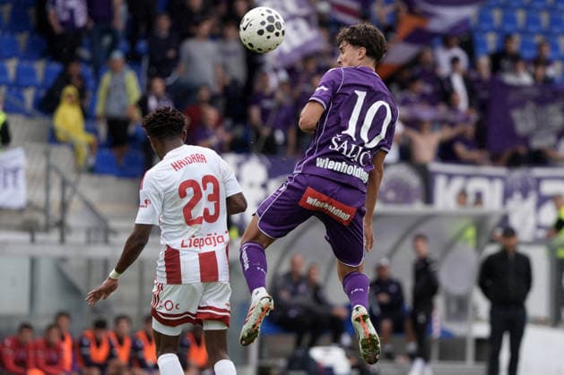 July 23, 2026, Riga, Latvia: Sanel Saljic of FK Austria Wien and Amar Haidara of FK Liepaja in action during the UEFA Europa Conference League qualifying round game between LatviaÃ¢â‚¬â ¢s FK Liepaja and Austria Wien in Sloka, Latvia 23.07.2026. Photo: Roman Koksarov Soccer 2026: Liepaja Vs Austria  - ZUMAk209 20260723_zsp_k209_023 Copyright: xRomansxKoksarovx