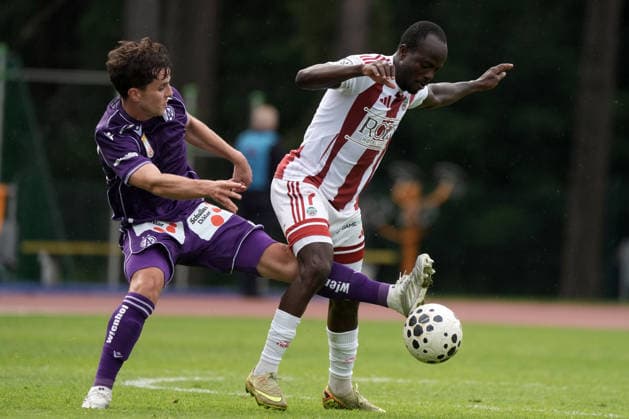 July 23, 2026, Riga, Latvia: Florian Wustinger of FK Austria Wien and Abiodun OGUNNIYI of FK Liepaja in action during the UEFA Europa Conference League qualifying round game between LatviaÃ¢â‚¬â ¢s FK Liepaja and Austria Wien in Sloka, Latvia 23.07.2026. Photo: Roman Koksarov Soccer 2026: Liepaja Vs Austria  - ZUMAk209 20260723_zsp_k209_044 Copyright: xRomansxKoksarovx