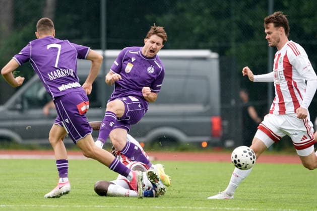 July 23, 2026, Riga, Latvia: Reinhold RANFTL of FK Austria Wien and Vladislavs Sorokins of FK Liepaja in action during the UEFA Europa Conference League qualifying round game between LatviaÃ¢â‚¬â ¢s FK Liepaja and Austria Wien in Sloka, Latvia 23.07.2026. Photo: Roman Koksarov Soccer 2026: Liepaja Vs Austria  - ZUMAk209 20260723_zsp_k209_051 Copyright: xRomansxKoksarovx