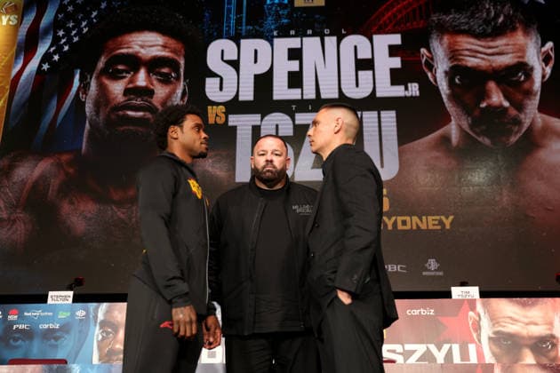 BOXING SPENCE TSZYU press conference, PK, Pressekonferenz Australian boxer Tim Tszyu and American boxer Errol Spence Jr face off during a press conference, Sydney, Friday, July 24, 2026. ( NO ARCHIVING SYDNEY NEW SOUTH WALES AUSTRALIA  Copyright: xDAMIANxSHAWx 20260724150545376895
