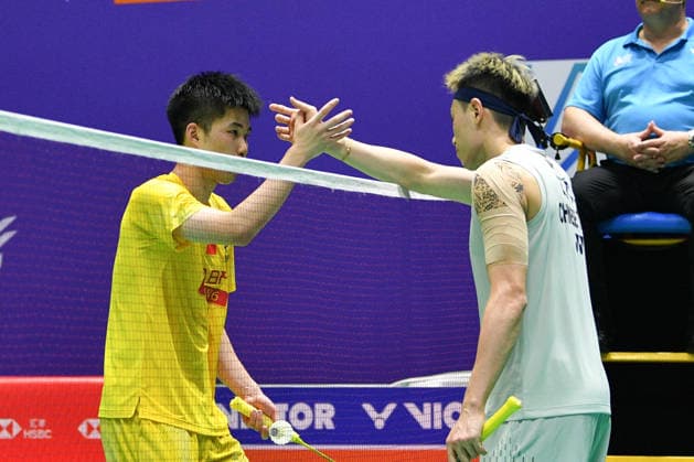 CHANGZHOU, CHINA - JULY 24: Weng Hongyang of China high-fives Lin Chun-Yi of Chinese Taipei after the Men s Singles Quarterfinal match on day 4 of the China Open 2026 at Changzhou Olympic Sports Center Gymnasium on July 24, 2026 in Changzhou, Jiangsu Province of China.  Copyright: xVCGx 111656130079