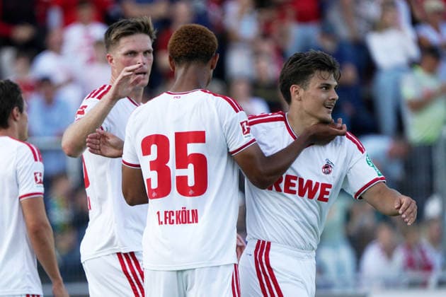 23 .07.2026, Fussball, Köln, Testspiel, Freundschaftsspiel, SV Bergisch Gladbach 09 vs 1.FC Köln, Belkaw -Arena , Bergisch Gladbach marius bülter, Youssoupha Niang, patrick kristal, 1.FC Köln , torjubeln *** July 23, 2026, Soccer, Cologne, Exhibition Match, Friendly Match, SV Bergisch Gladbach 09 vs. 1 FC Cologne, Belkaw Arena, Bergisch Gladbach, Marius Bülter, Youssoupha Niang, Patrick Kristal, 1 FC Cologne, celebrating a goal