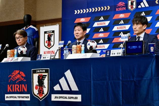 (L-R) Masakuni Yamamoto (JPN), Hajime Moriyasu (JPN), JFA Tsuneyasu Miyamoto (JPN), JULY 24, 2026 - Football Soccer : Hajime Moriyasu head coach attends a press conference, PK, Pressekonferenz in Tokyo, Japan. Noxthirdxpartyxsales  aflo_338953687 KenjiroxMatsuox