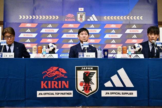 (L-R) Masakuni Yamamoto (JPN), Hajime Moriyasu (JPN), JFA Tsuneyasu Miyamoto (JPN), JULY 24, 2026 - Football Soccer : Hajime Moriyasu head coach attends a press conference, PK, Pressekonferenz in Tokyo, Japan. Noxthirdxpartyxsales  aflo_338953694 KenjiroxMatsuox