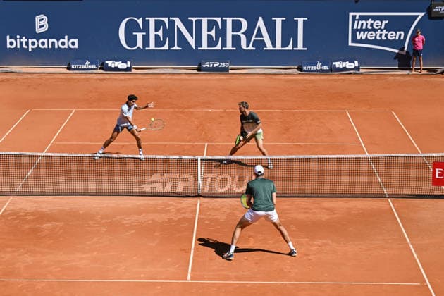 TENNIS - ATP, Tennis Herren Generali Open 2026 KITZBUEHEL,AUSTRIA,24.JUL.26 - TENNIS - ATP World Tour, Generali Open. Image shows Pierre Hugues Herbert (FRA), Kevin Krawietz and Mark Wallner (GER).  GEPAxpictures xDanielxSchoenherr