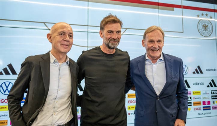 24.07.2026, xfux, Fussball DFB-Medientermine, Pressekonferenz DFB Team - Vorstellung Trainer Jürgen Klopp v.l. Praesident Präsident Bernd Neuendorf (Deutscher Fussball-Bund DFB), Trainer Julian Nagelsmann (Deutsche Fussball Nationalmannschaft DFB), Hans-Joachim Aki Watzke (Vorsitzender des Aufsichtsrates des Deutschen Fussball Bund DFB) (DFL DFB REGULATIONS PROHIBIT ANY USE OF PHOTOGRAPHS as IMAGE SEQUENCES and or QUASI-VIDEO) Frankfurt am Main *** July 24, 2026, xfux, DFB Soccer Media Events, DFB Team Press Conference: Introduction of Coach Jürgen Klopp (from left): President Bernd Neuendorf of the German Soccer Association (DFB), Coach Julian Nagelsmann of the German National Soccer Team (DFB), Hans Joachim Aki Watzke, Chairman of the Supervisory Board of the German Football Association (DFB) and the German Football League (DFL). DFB REGULATIONS PROHIBIT ANY USE OF PHOTOGRAPHS AS IMAGE SEQUENCES AND OR QUASI-VIDEO. Frankfurt am Main