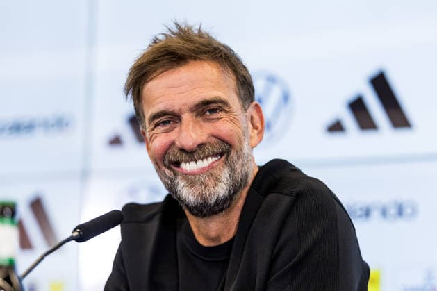 FRANKFURT, GERMANY - JULY 24: Juergen Klopp (Head Coach Germany) smiling during the press conference, PK, Pressekonferenz to present Juergen Klopp as the new head coach of Germany at DFB Campus on July 24, 2026 in Frankfurt, Germany. Hessen Germany Copyright: xSteffiexWunderlx