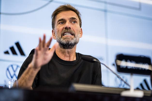 FRANKFURT, GERMANY - JULY 24: Juergen Klopp (Head Coach Germany) gestures during the press conference, PK, Pressekonferenz to present Juergen Klopp as the new head coach of Germany at DFB Campus on July 24, 2026 in Frankfurt, Germany. Hessen Germany Copyright: xSteffiexWunderlx