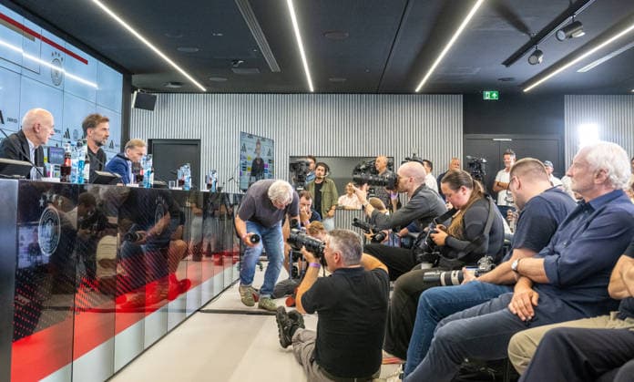 24.07.2026, xfux, Fussball DFB Deutsche Fussball Nationalmannschaft - Pressekonferenz zur Vorstellung von Juergen Jürgen Klopp als Trainer Bundestrainer, v.l. Praesident Präsident Bernd Neuendorf (Deutscher Fussball-Bund DFB), Trainer Juergen Juergen Nobert Klopp (Deutsche Fussball Nationalmannschaft DFB), Hans-Joachim Aki Watzke (Vorsitzender des Aufsichtsrates des Deutschen Fussball Bund DFB), Sportdirektor Rudolf Rudi Voeller Völler (DFB Deutsche Fussball Nationalmannschaft Deutschland) Frankfurt am Main *** July 24, 2026, xfux, Soccer DFB German National Soccer Team Press conference to introduce Jürgen Klopp as head coach, from left: President Bernd Neuendorf of the German Soccer Association (DFB), Head Coach Jürgen Norbert Klopp of the German National Soccer Team (DFB), Hans Joachim Aki Watzke, Chairman of the Supervisory Board of the German Football Association (DFB), and Rudolf Rudi Voeller, Sports Director of the DFB German National Soccer Team, Frankfurt am Main