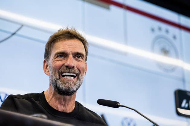 FRANKFURT, GERMANY - JULY 24: Juergen Klopp (Head Coach Germany) smiling during the press conference, PK, Pressekonferenz to present Juergen Klopp as the new head coach of Germany at DFB Campus on July 24, 2026 in Frankfurt, Germany. Hessen Germany Copyright: xSteffiexWunderlx