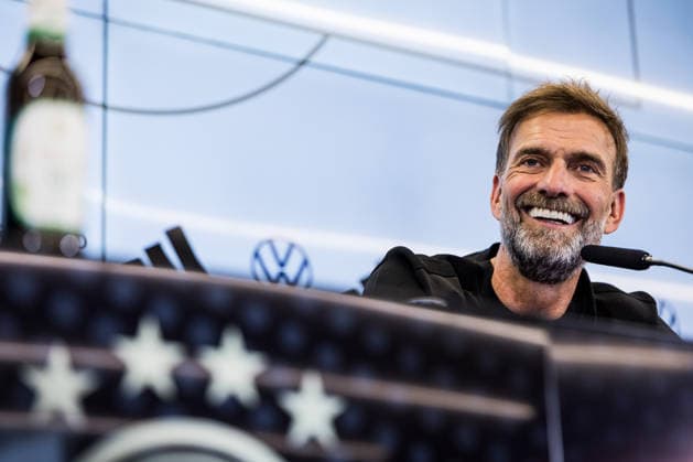 FRANKFURT, GERMANY - JULY 24: Juergen Klopp (Head Coach Germany) smiing during the press conference, PK, Pressekonferenz to present Juergen Klopp as the new head coach of Germany at DFB Campus on July 24, 2026 in Frankfurt, Germany. Hessen Germany Copyright: xSteffiexWunderlx
