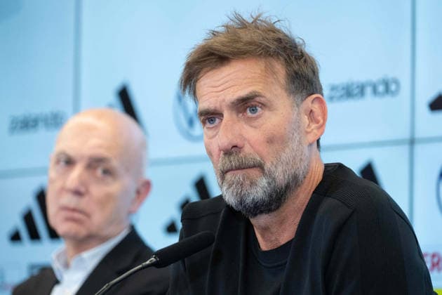 v.l. Bernd NEUENDORF (GER, DFB Praesident) Trainer Bundestrainer Juergen KLOPP (Jürgen, GER) Pressekonferenz des DFB zur Vorstellung von Juergen Klopp als neuer Fussball-Bundestrainer, DFB-Campus in Frankfurt am 24.07.2026 Â *** from left: Bernd NEUENDORF, GER, DFB President; Coach; National Team Coach Jürgen KLOPP, GER; DFB press conference to introduce Jürgen Klopp as the new national soccer team coach, DFB Campus in Frankfurt on July 24, 2026 Â