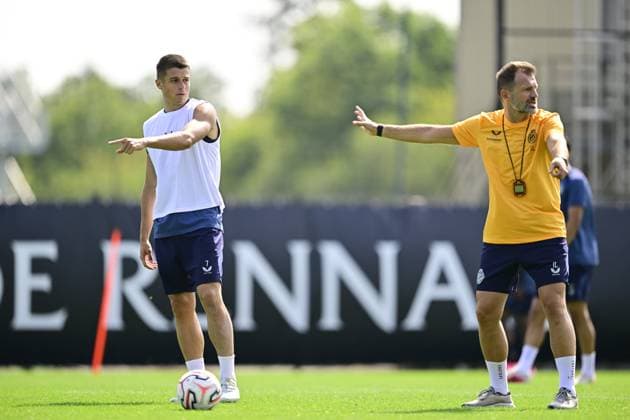 Club Brugge training camp - media activities 24 07 2026 RENNES, FRANCE - July 24 : Tresoldi Nicolo forward of Club Brugge and Leko Ivan head coach of Club Brugge pictured during a training session on July 24, 2026 in Rennes, France, 24 07 2026 Rennes France  Copyright: xJanxDexMeuleneirx