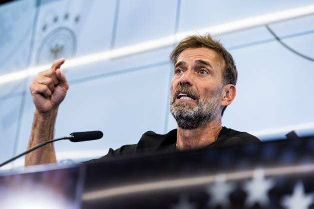 FRANKFURT, GERMANY - JULY 24: Juergen Klopp (Head Coach Germany DFB) gestures during the press conference, PK, Pressekonferenz to present Juergen Klopp as the new head coach of Germany at DFB Campus on July 24, 2026 in Frankfurt, Germany. Hessen Germany Copyright: xSteffiexWunderlx