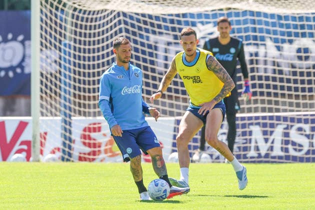 SSC Napoli preseason 2026-27 Napoli s Italian forward Matteo Politano with SSC Napoli™s Spanish defender Rafa Marin during eighth day SSC Napoli s 2026-27 preseason training camp in val di sole in Trentino, Dimaro Folgarida July, 19 2026. CDL12122 Copyright: xAntonioxBalascox