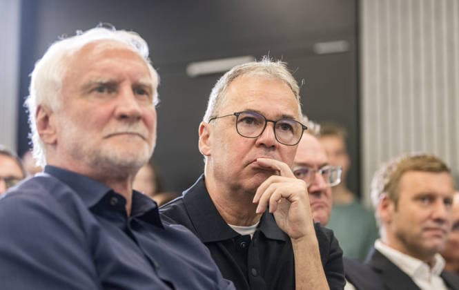 24.07.2026, xfux, Fussball DFB Deutsche Fussball Nationalmannschaft - Pressekonferenz zur Vorstellung von Juergen Jürgen Klopp als Trainer Bundestrainer, v.l. Sportdirektor Rudolf Rudi Voeller Völler (DFB Deutsche Fussball Nationalmannschaft Deutschland), Andreas Rettig (Geschäftsführer Geschaeftsfuehrer Deutscher Fussball Bund DFB) Frankfurt am Main *** July 24, 2026, xfux, Soccer DFB German National Soccer Team Press conference to introduce Jürgen Klopp as head coach, from left: Sports Director Rudolf Rudi Völler, DFB German National Soccer Team, Germany, Andreas Rettig, Managing Director of Sports, German Football Association (DFB), Frankfurt am Main