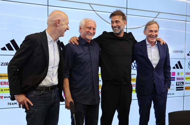 24.07.2026, Fussball DFB-Pressekonferenz, Vorstellung des neuen Bundestrainers Jürgen Klopp, v.li. DFB-Präsident Bernd Neuendorf, Sportdirektor Rudi Völler (Deutsche Fussball Nationalmannschaft, DFB), Bundestrainer Jürgen Klopp), 1. DFB-Vizepräsident Hans-Joachim Watzke (Deutsche Fussball Nationalmannschaft, DFB) DFL DFB REGULATIONS PROHIBIT ANY USE OF PHOTOGRAPHS AS IMAGE SEQUENCES AND OR QUASI-VIDEO. xdcx *** July 24, 2026, DFB Soccer Press Conference, Introduction of the new national team coach Jürgen Klopp; from left: DFB President Bernd Neuendorf, Sports Director Rudi Völler, German National Soccer Team, DFB, National Team Coach Jürgen Klopp, 1 DFB Vice President Hans Joachim Watzke, German National Soccer Team, DFB, DFL. DFB REGULATIONS PROHIBIT ANY USE OF PHOTOGRAPHS AS IMAGE SEQUENCES AND OR QUASI-VIDEO xdcx Copyright: HMBxMedia Claus