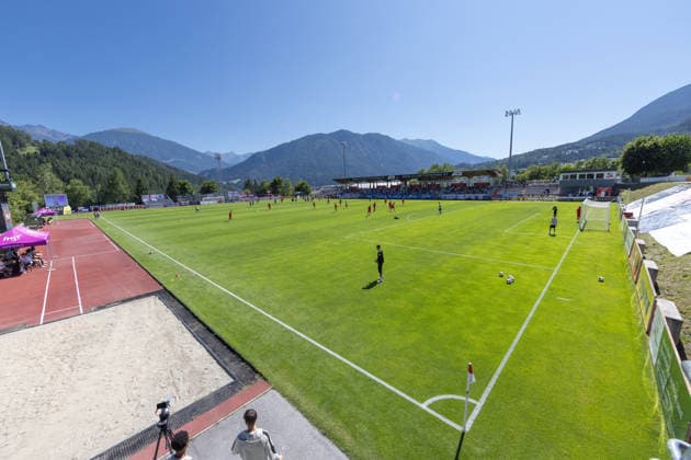SOCCER - Freiburg vs Derby, test match IMST,AUSTRIA,24.JUL.26 - SOCCER - 1. DFL, 1. Deutsche Bundesliga, EFL Championship, SC Freiburg vs Derby County FC, test match. Image shows an overview of the Velly Arena Imst.  GEPAxpictures xMichaelxKristen