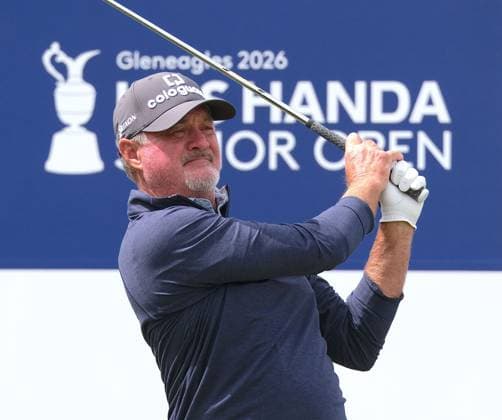 UK: The ISPS HANDA Senior Open Championship at King‚Äôs Course, Gleneagles, Scotland on 24 July 2026: Pictured: Clubhouse leader on -6 Jerry Kelly (USA) on the 18th tee during the second round of the ISPS Handa Senior Open Championship 2026 Gleneagles King‚Äôs Course Scotland Scotland Copyright: xAlexxToddx