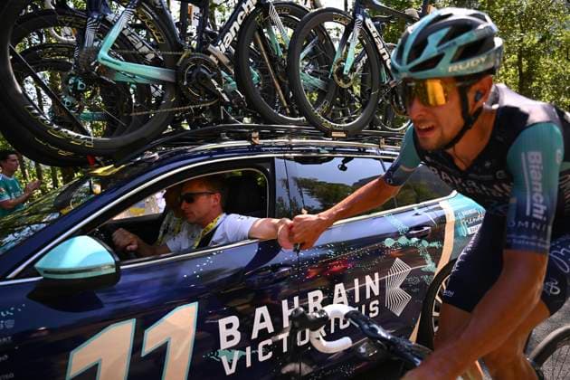 Tour de France 2026 Stage 19 ALPE D HUEZ, FRANCE - JULY 24 : rider of team Bahrain - Victorious during stage 19 of the 113rd edition of Tour de France an UCI World Tour 2.UWT cycling road race stage for Men Elite of 128 km with start in Gap and finish in Alpe d Huez on July 24, 2026 in Alpe d Huez, France, 24 07 2026 ( Motordriver Kurt Vandenborre - Alpe d Huez France  Copyright: xGvgx