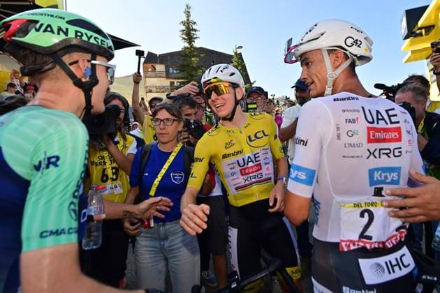 Tour de France 2026 Stage 19 ALPE D HUEZ, FRANCE - JULY 24 : Del Toro Isaac (MEX) of UAE Team Emirates - XRG and Pogacar Tadej (SLO) of UAE Team Emirates - XRG celebrates the victory after stage 19 of the 113rd edition of Tour de France an UCI World Tour 2.UWT cycling road race stage for Men Elite of 128 km with start in Gap and finish in Alpe d Huez on July 24, 2026 in Alpe d Huez, France, 24 07 2026 Alpe d Huez France  Copyright: xPetexGodingx
